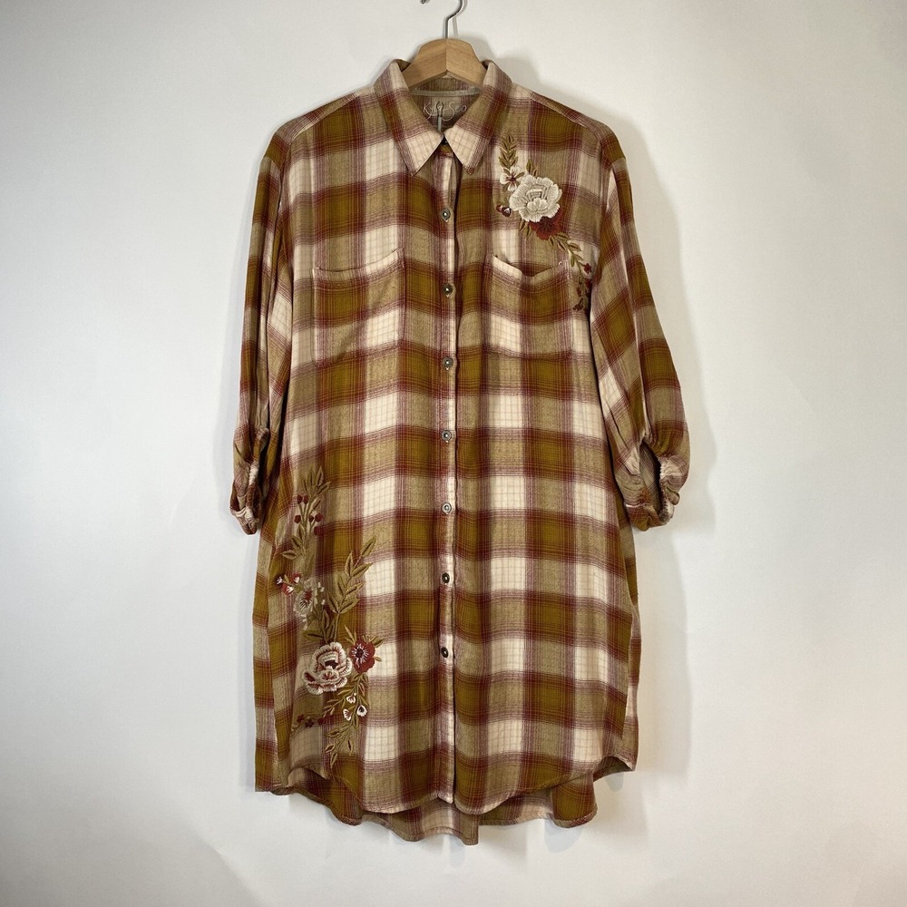 Kyla Seo Boho Cowgirl Cabin Plaid Flannel Embroidered Shirt Dress Small Tan